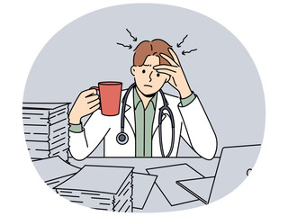 Frustrated doctor with cup of coffee sits at table with pile of papers and needs help of assistant. Concept of bureaucracy and overabundance of paperwork in doctor, causing apathy and burnout