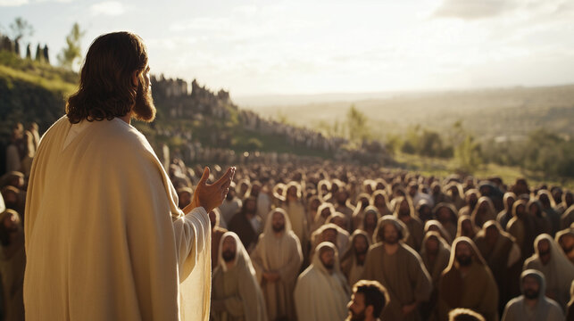 A depiction of Jesus preaching to a large crowd of followers, arms outstretched, symbolizing teaching, faith, and spiritual leadership in a biblical setting.
