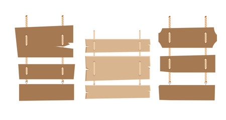 Wood signboard plank with ropes vintage element flat style, vector illustration.	