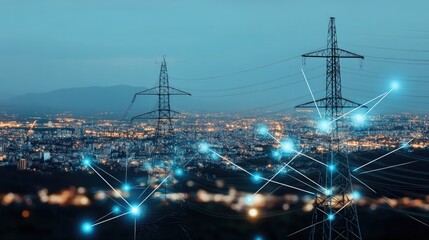 At dusk, high-voltage power lines stand against a blue sky while glowing city lights illuminate the landscape below, showcasing a digital representation of smart energy management