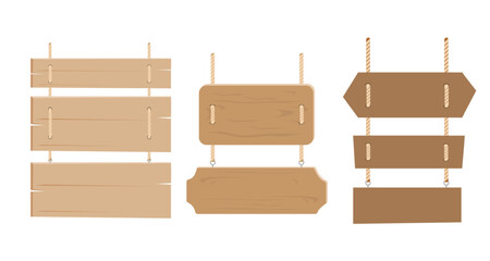 Wood signboard plank with ropes vintage element flat style, vector illustration.	