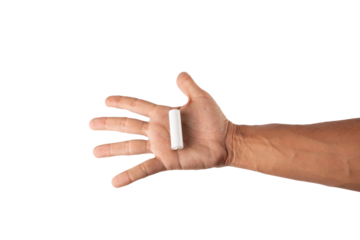 Male hand holding a white mockup cell battery AA isolated no background
