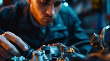 A mechanic at an auto repair shop inspects the engine of a vehicle for clients seeking auto repair services. Modern vehicle repair facility with elevated cars and knowledgeable technicians