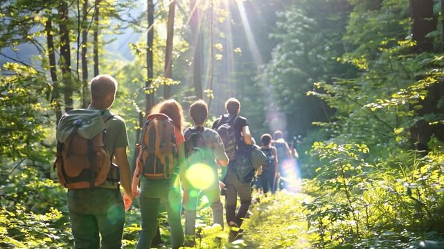 A group of eco-tourists hiking through the lush forests of the Carpathian Mountains, spotting rare wildlife.