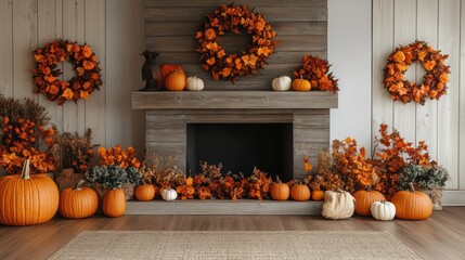 Obraz premium a cozy interior design concept banner featuring pumpkins and autumn wreaths creates a welcoming and charming space perfect for the fall season