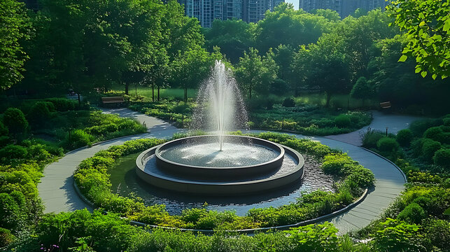 A circular fountain surrounded by lush green foliage in a city park.