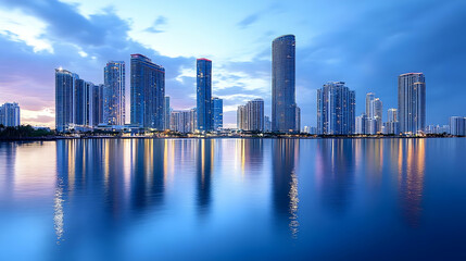Fototapeta premium A city skyline at dusk with tall buildings reflected in the water.