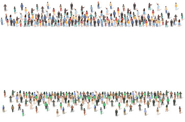 People crowd standing opposite made horizontal frame with empty copy space inside. Opposition, separation or cooperation for protest vector illustration