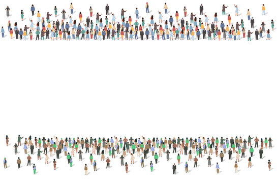 People crowd standing opposite made horizontal frame with empty copy space inside. Opposition, separation or cooperation for protest vector illustration
