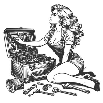 pinup mechanic working on toolbox clip art preview