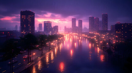 Fototapeta premium A city skyline at night with a river running through it. The sky is a vibrant purple with rain falling.