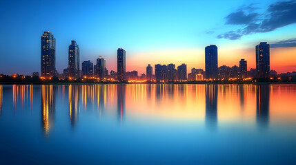 A city skyline at sunset, with the buildings reflected in the water.