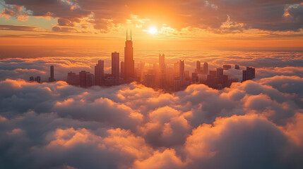 A city skyline emerges from a sea of clouds at sunset, with the sun shining brightly behind it.