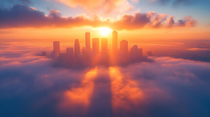 A city skyline emerges from the clouds at sunrise, with a golden glow illuminating the buildings and casting long shadows on the clouds below.