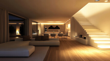 Modern living room interior design at night showcasing soft lighting and elegant furnishings in a minimalist space