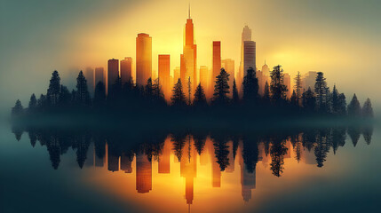 A city skyline emerging from a mist-filled forest at sunrise, reflected in a calm lake.