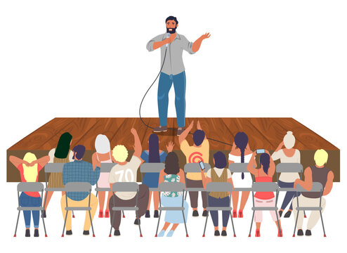 Man performing with public speech on wooden rural stage front of audience vector illustration. Talk show event with standup concert, people meeting forum for social problem discussion