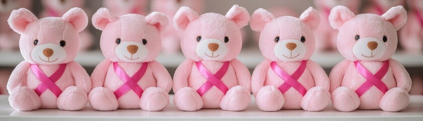 Pink plush toys with breast cancer awareness ribbons, displayed at a children fundraiser event