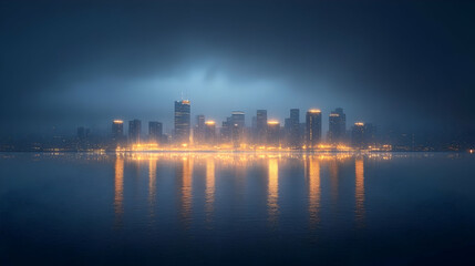 Naklejka premium A city skyline illuminated by glowing lights, reflected in the water below. The city is shrouded in mist and fog.