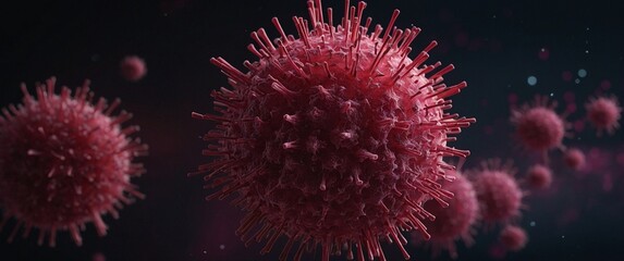 A bright close up microscopic photo of covid coronavirus in pink and black colors. Bacteria microphotography healthcare or science concept. Colorful header macro illustration monkeypox virus concept.