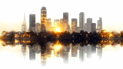 Fototapeta premium A city skyline reflected in a lake at sunset, creating a symmetrical and serene image.