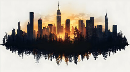 A city skyline silhouette with a forest in the foreground at sunset, the urban landscape is juxtaposed with the natural world.
