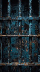 Rusty prison bars with closed cell door, dim lighting, feeling of punishment and loss, life behind bars.