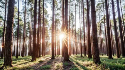 Obraz premium A forest with trees that are tall and green. The trees are full of leaves and the sunlight is shining through the trees 