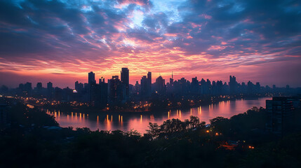 Naklejka premium A city skyline with a dramatic sunrise over a river.