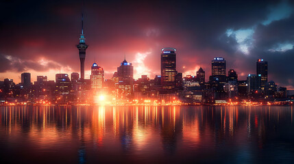 Obraz premium A city skyline with a dramatic sunset reflecting off the water.
