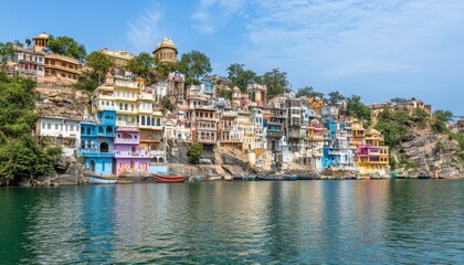 Vibrant Lakeside Town Traditional Colorful Houses on the Riverbank, Udaipur, Rajasthan, India