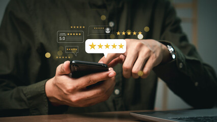 Customer review satisfaction feedback survey concept, User give rating to service experience on online application, Customer services best excellent business rating experience.