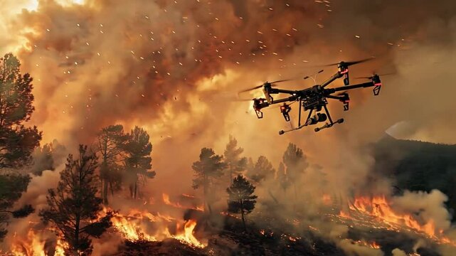 Aerial view of a drone surveying wildfires at dusk, showing smoke and flames rising over a forest fire and drones scouting the wildfire-affected areas.