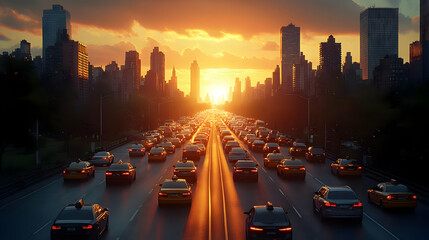 Obraz premium A city skyline with a sunset shining down on a highway full of traffic.