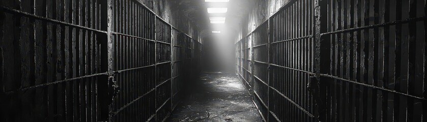 Narrow iron-barred prison corridor, dark and desolate, long path ahead, sense of punishment