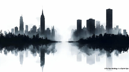 Naklejka premium A city skyline with fog in a high contrast style, reflected in water.