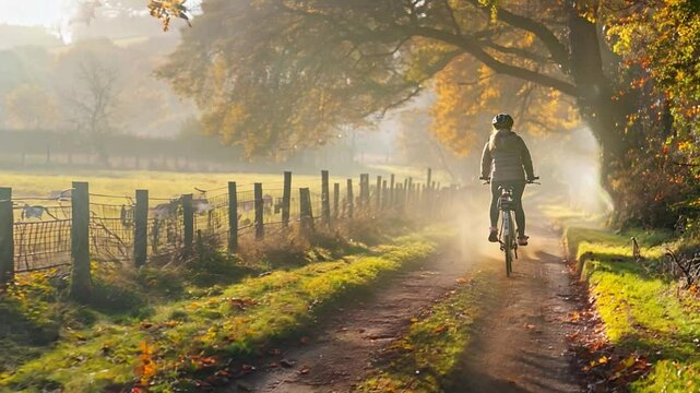 A picturesque scene of a person cycling leisurely through a countryside path, highlighting the beauty of a slower pace of life