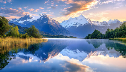 Fototapeta premium Nature Bliss: A serene mountain landscape with a lake reflecting the snowy peaks at sunrise