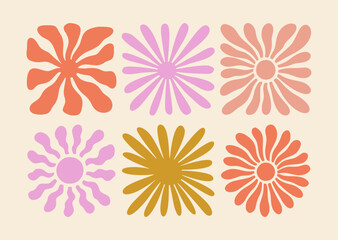 Retro Groovy Sun Naive Icon Set. Abstract Wavy Ray Logo in Trendy 70s Style. Boho Colorful Groovy Sun Psychedelic Vintage Background. Graphic Fun Hippie Poster. Abstract Summer Geometric Logo Template