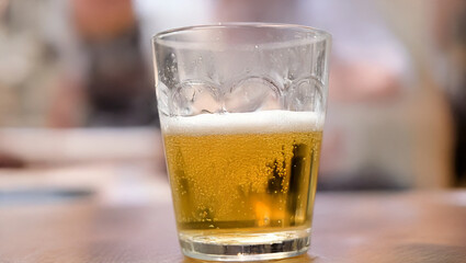 Glass of half-full beer with a light foam on a wooden table