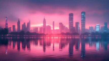 Obraz premium A city skyline with skyscrapers reflected in a calm lake at sunset. The sky is a vibrant pink and purple, casting a warm glow over the scene.