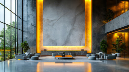 Modern Office Meeting Area with Stylish Minimalist Design and Blank White Wall Featuring Natural Light and Comfortable Seating for Business Discussions in Contemporary Corporate Environment