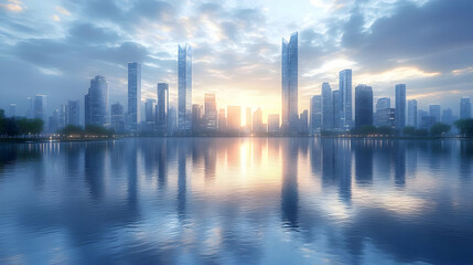 A city skyline with tall skyscrapers reflected in a calm lake at sunrise.
