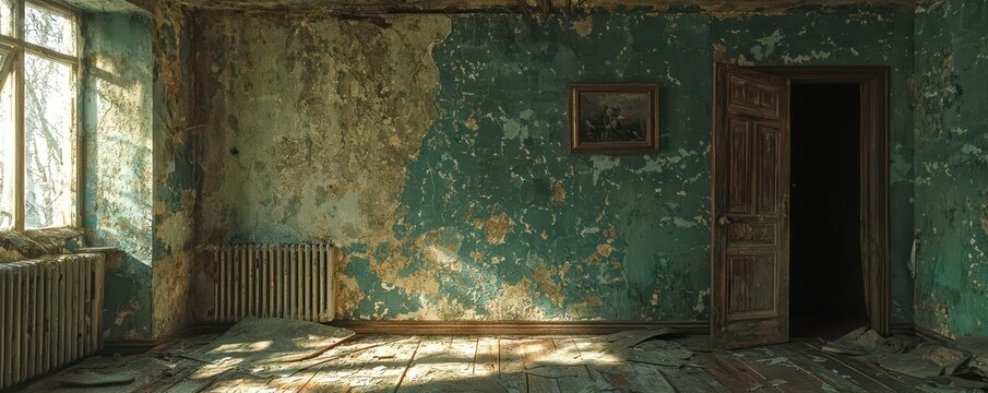 The desolate interior of a ramshackle farmhouse revealed collapsing walls, eerie silence, and signs of abandoned property scattered throughout.