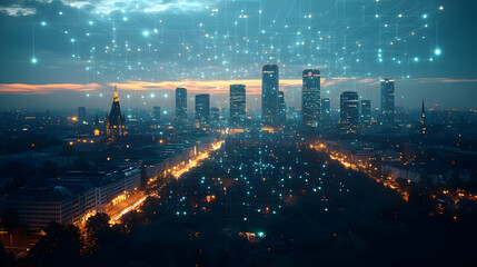 Obraz premium A cityscape at dusk with a network of glowing lines connecting the buildings, symbolizing digital connectivity and communication.
