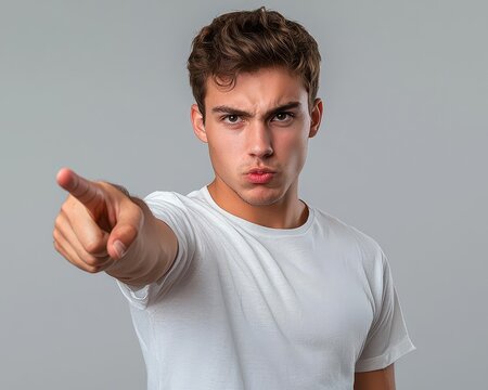 The angry young man pointed in accusation during a tense argument, isolated against a gray background, emphasizing the blame concept.