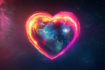 3D image that sees the Earth inside a heart in glowing neon colors