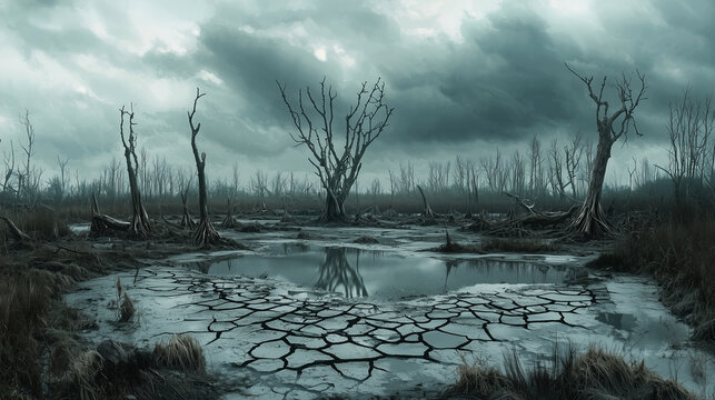 Eerie marshland with dead trees and cracked ground.