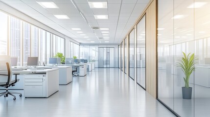 Fototapeta premium A modern office space featuring desks, computers, and plants, designed for productivity and collaboration.