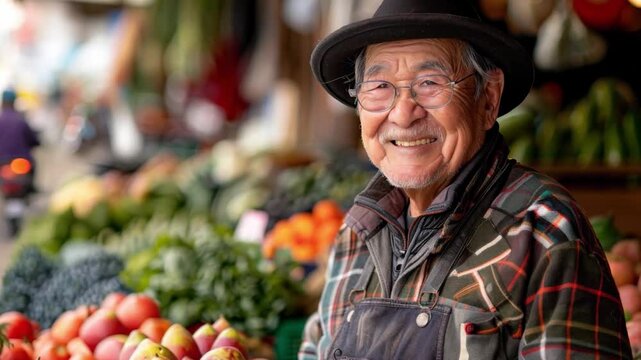 A vibrant farmer's market with centenarians sharing laughter and fresh produce, representing the longevity and vitality of people living in the Blue Zones